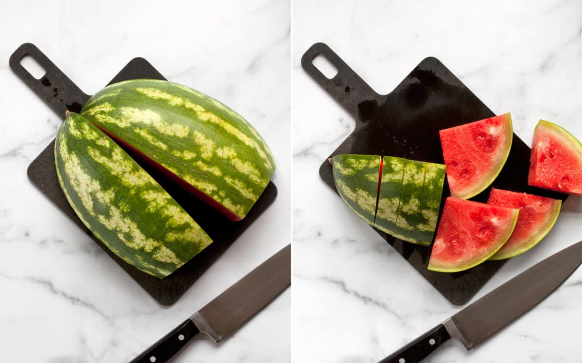 Slice the watermelon in half using a knife and cutting board. Then slice it into wedges.