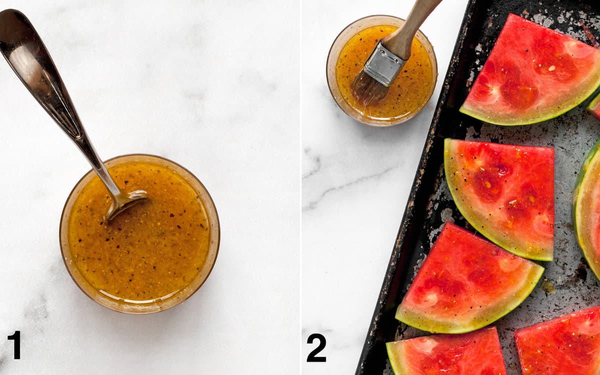 Whisk together the marinade in a small bowl. Brush the watermelon wedges with teh marinade.