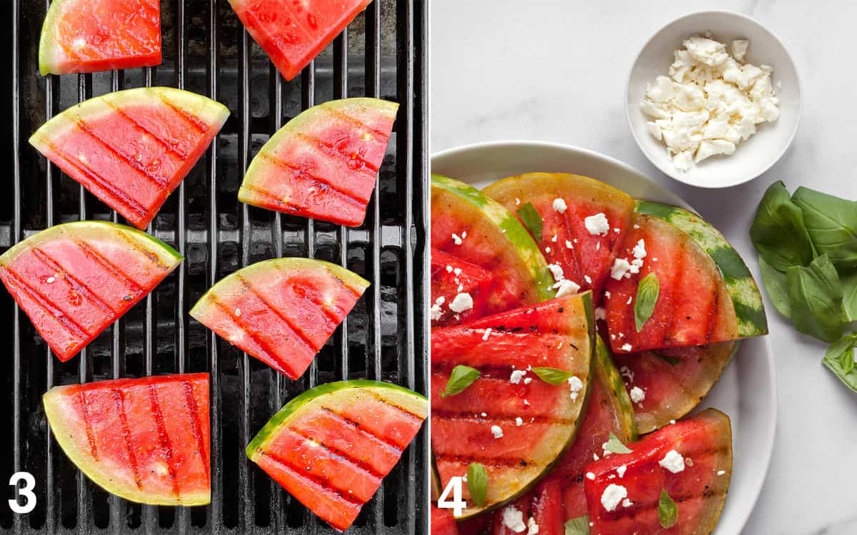 Watermelon wedges on the grill. Watermelon on a plate with a bowl of crumbled feta.