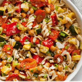 Roasted vegetable pasta salad in a bowl.