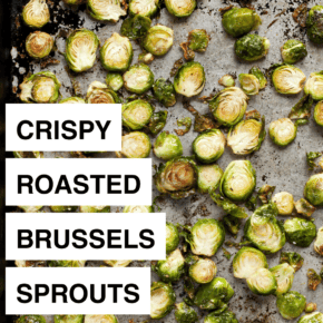 Roasted brussels sprouts on a sheet pan.