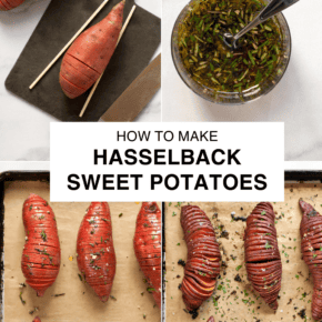Step by step pictures showing how to make hasselback sweet potatoes.