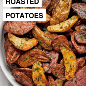Roasted potatoes on a plate.
