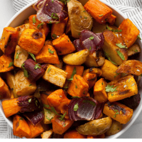 Roasted root vegetables in a bowl.