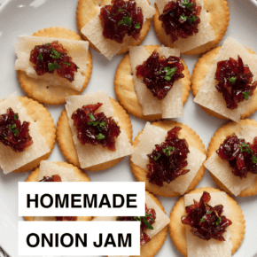 Crackers with onion jam and parmesan.