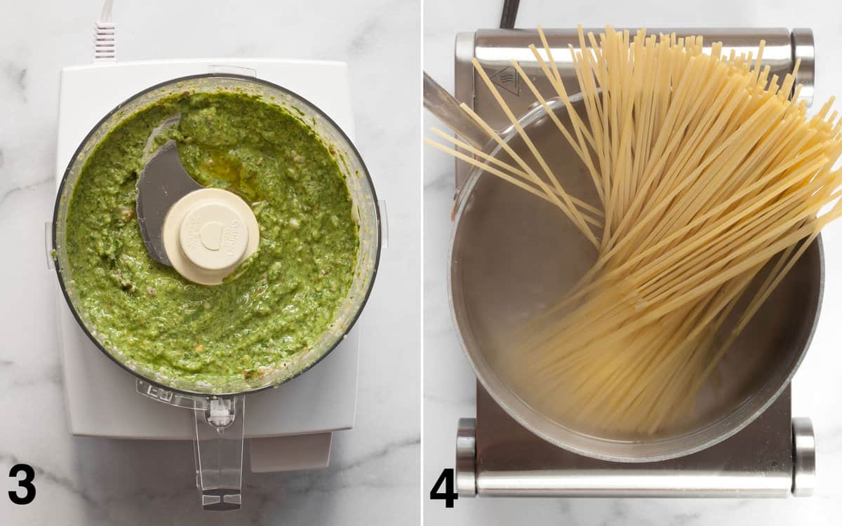 Pureed pesto in a food processor. Pasta cooking in a pot.