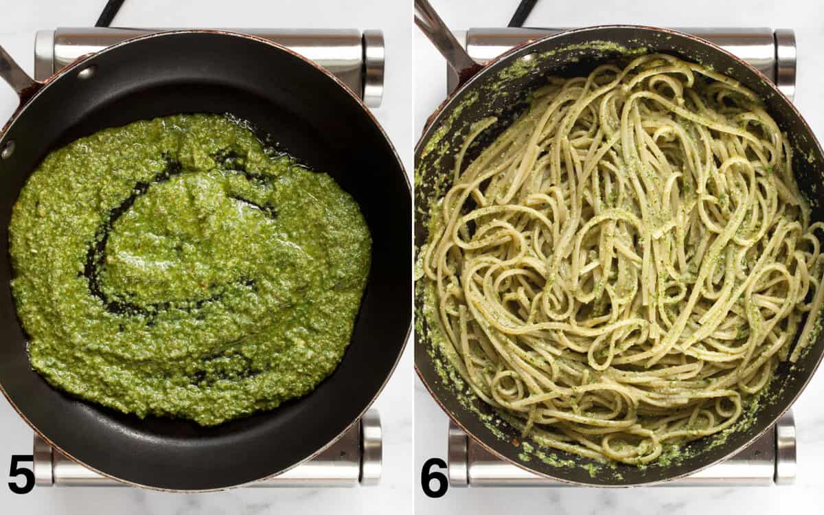 Pesto in a skillet. Pasta stirred into sauce.