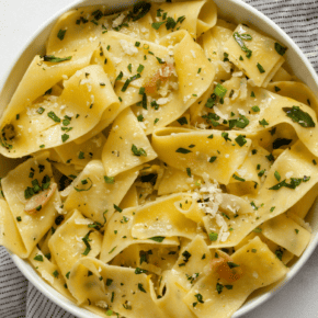 Papperdelle pasta in a bowl.