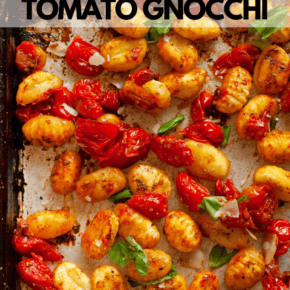 Roasted tomato gnocchi on a sheet pan.