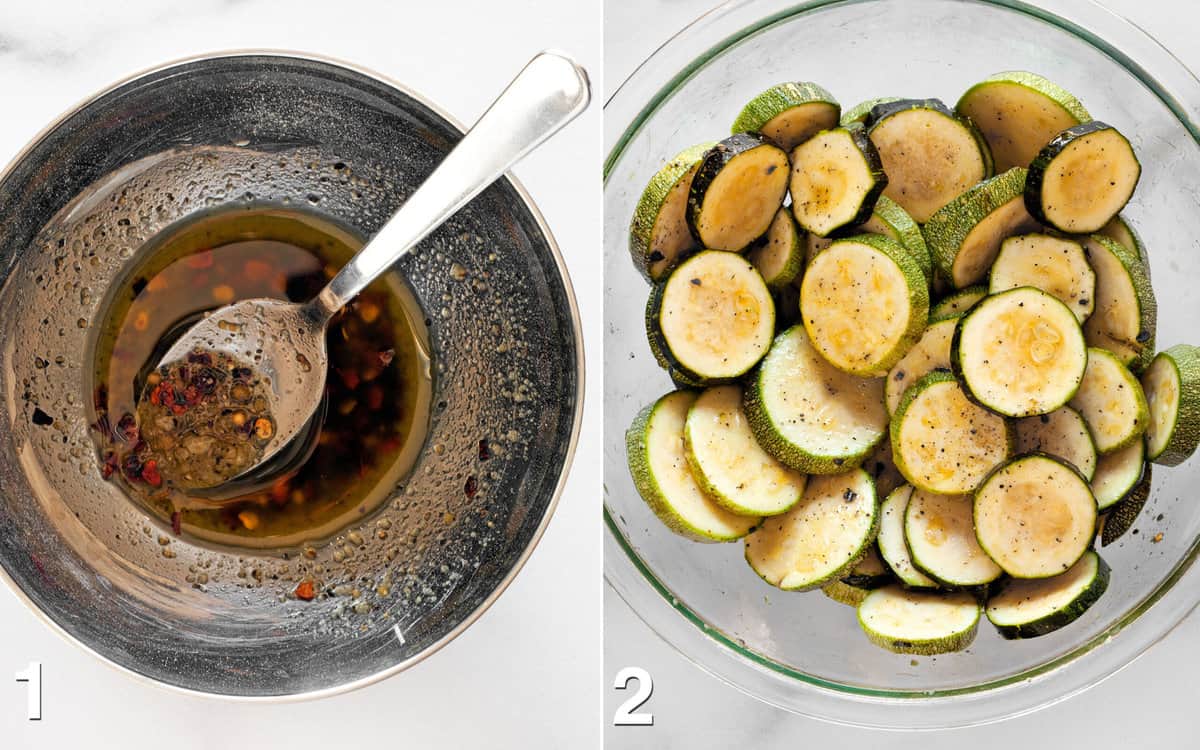 Spices and olive oil stirred together in a small bowl. Zucchini slices tossed into olive oil and spice mixture.