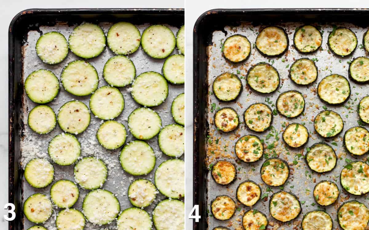 Zucchini slices on a sheet pan before and after they are roasted.
