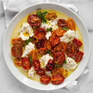 Burrata with roasted tomatoes on a plate.