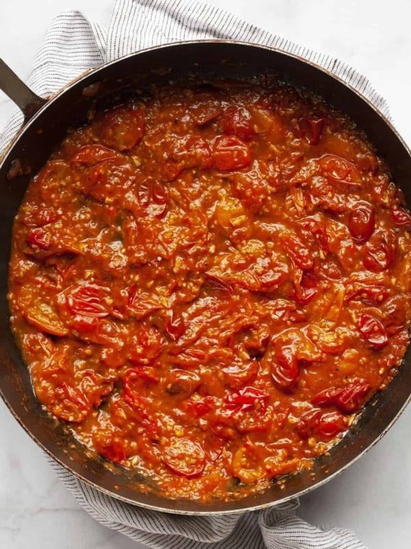 Tomato sauce in a large skillet.