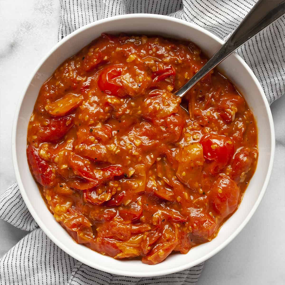 Cherry tomato sauce in a bowl.