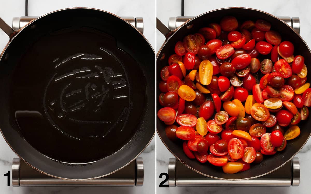Olive oil heating in a skillet. Halved tomatoes stirred into oil.
