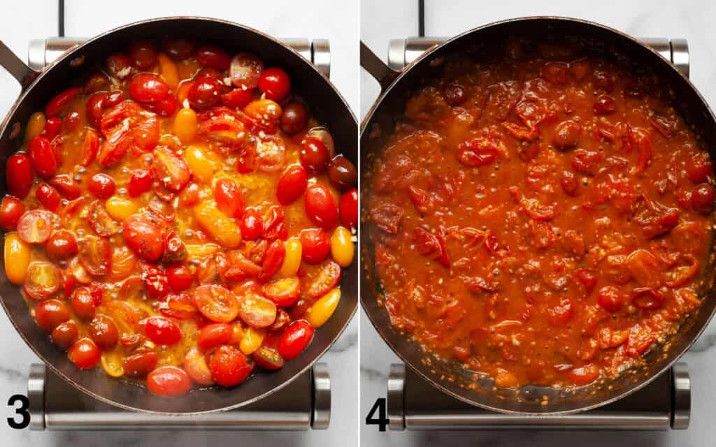 Five-ingredient cherry tomato sauce being tossed with pasta in a light, oily sheen.