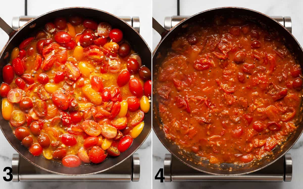 Garlic, salt and pepper stirred into simmering tomatoes. Finished sauce in a skillet.