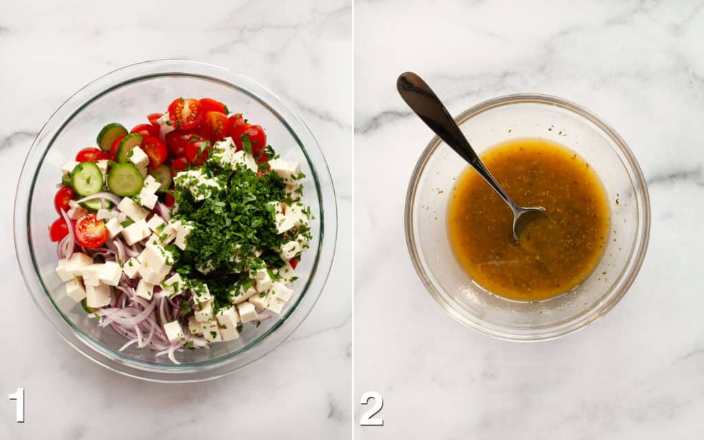 Salad ingredients assembled in a large bowl. Greek vinaigrette whisked in another bowl.