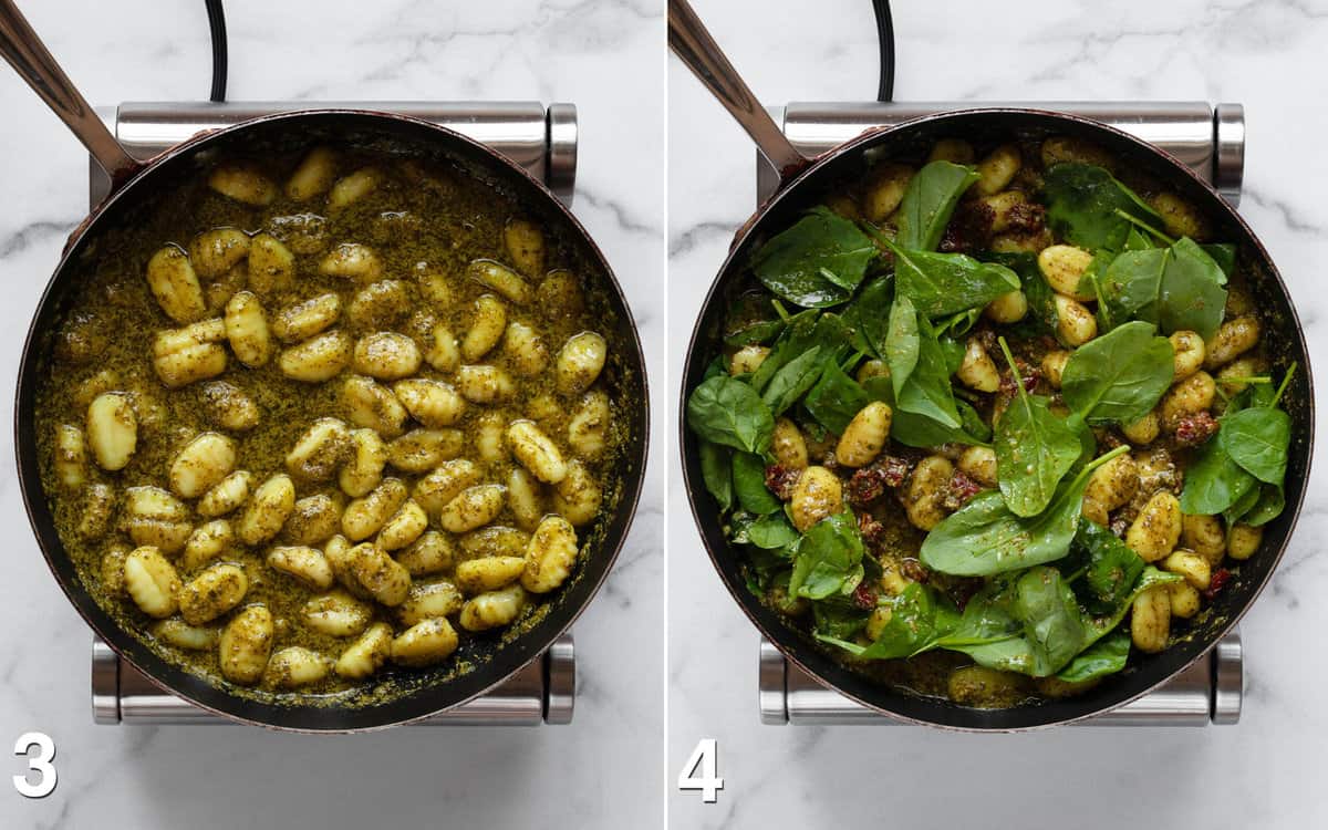 Gnocchi simmering in lemon pesto in a skillet. Sun dried tomatoes and spinach stirred into gnocchi in a skillet.