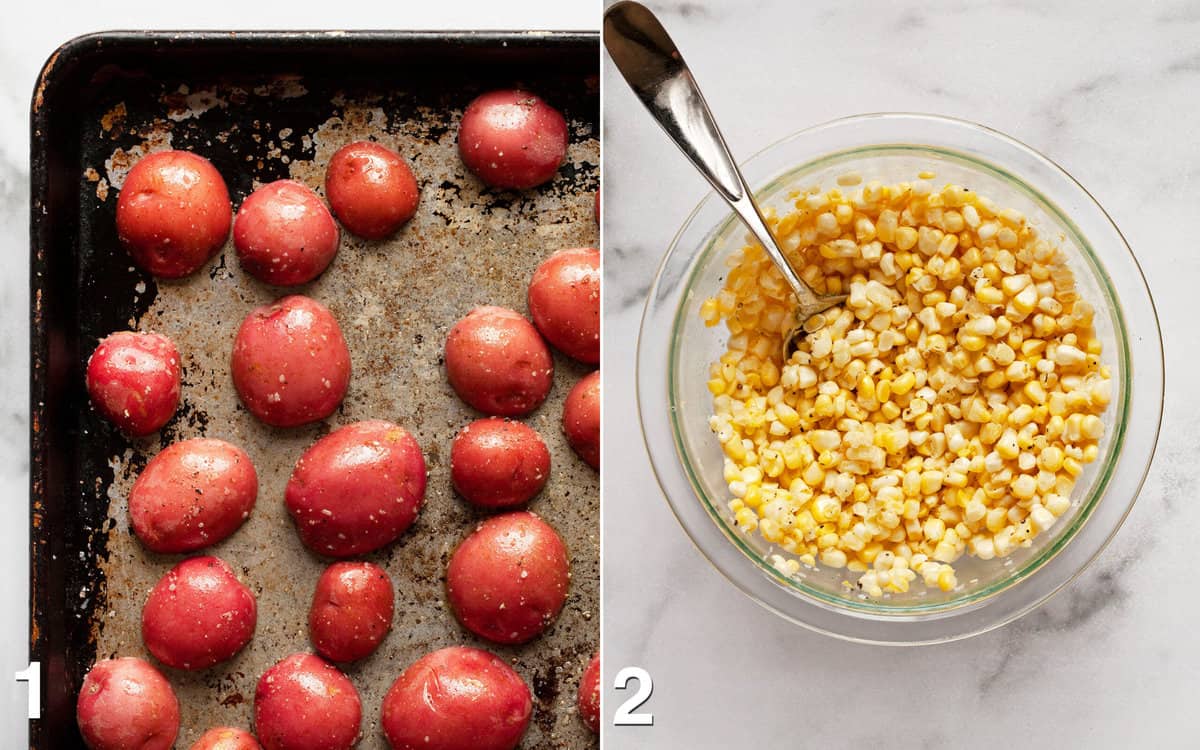 Potatoes on a sheet pan. Corn kernels in a bowl.