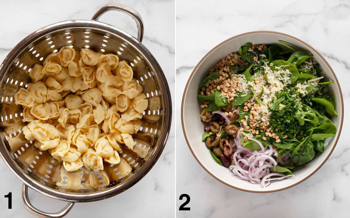 Tortellini in a colander. Pasta salad ingredients in a large bowl.