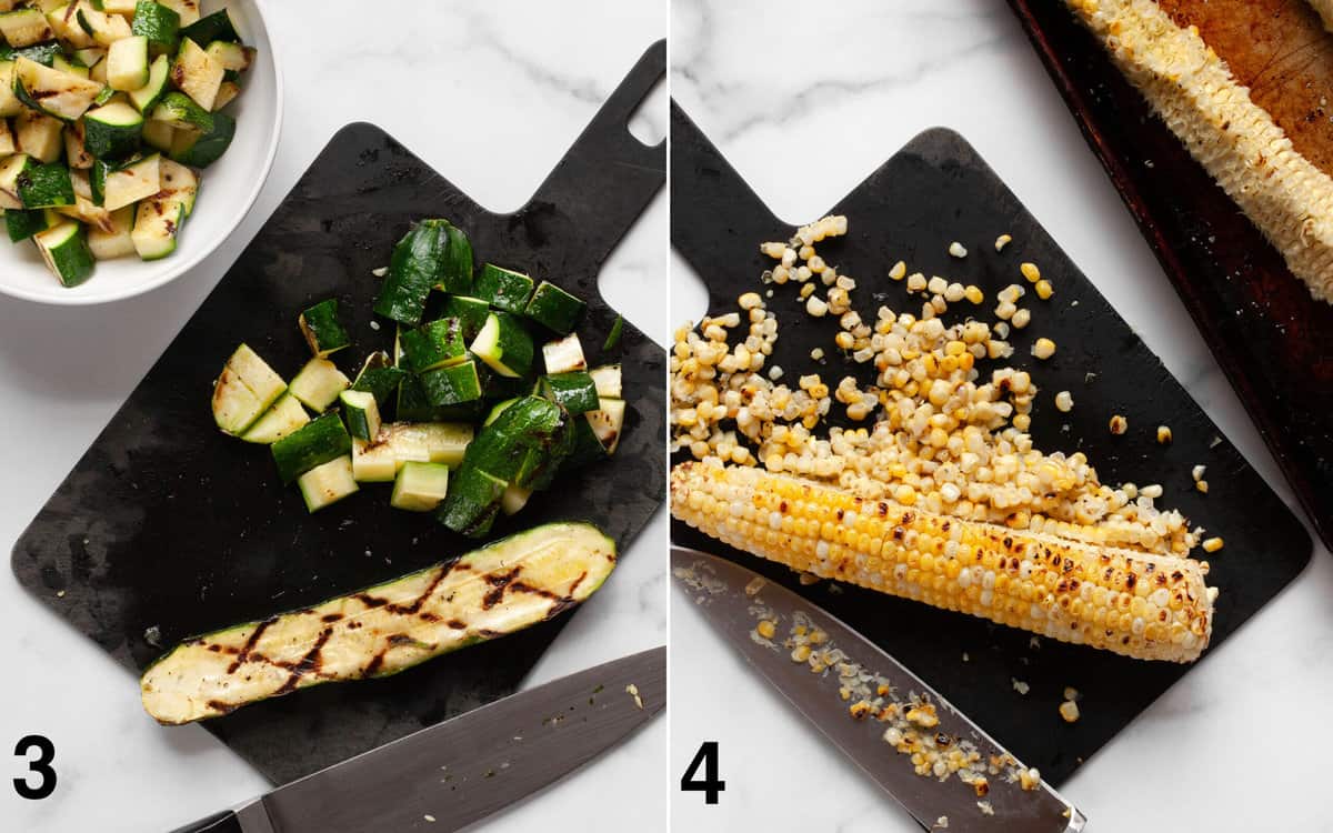 Diced zucchini on a cutting board. Corn sliced of cob on a cutting board.