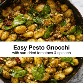 Pesto gnocchi in a skillet.