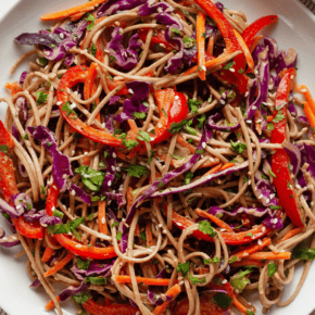 Soba noodle salad on a plate.