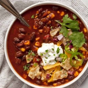 Black bean chili in a bowl.