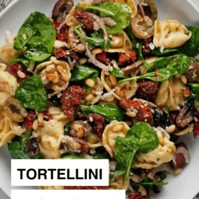 Tortellini pasta salad on a plate.