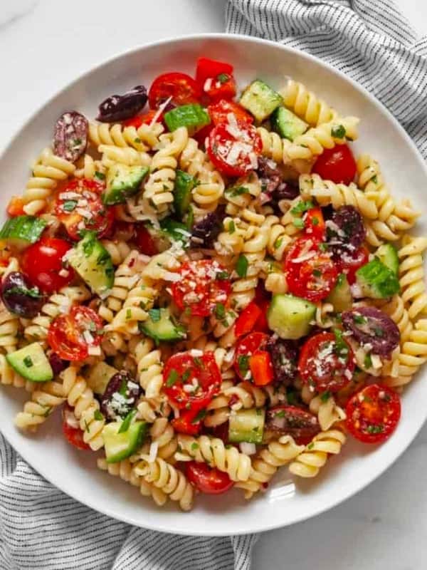 Classic pasta salad on a plate.