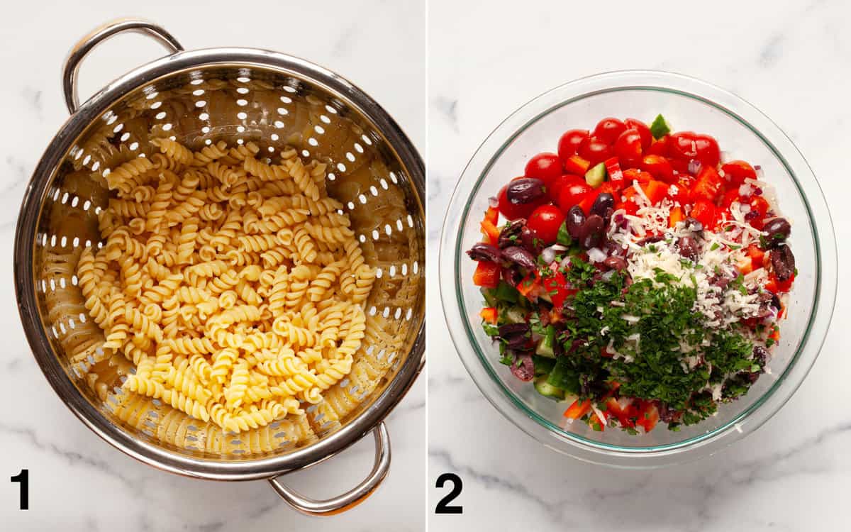 Pasta in a colander. Salad ingredients in a bowl.