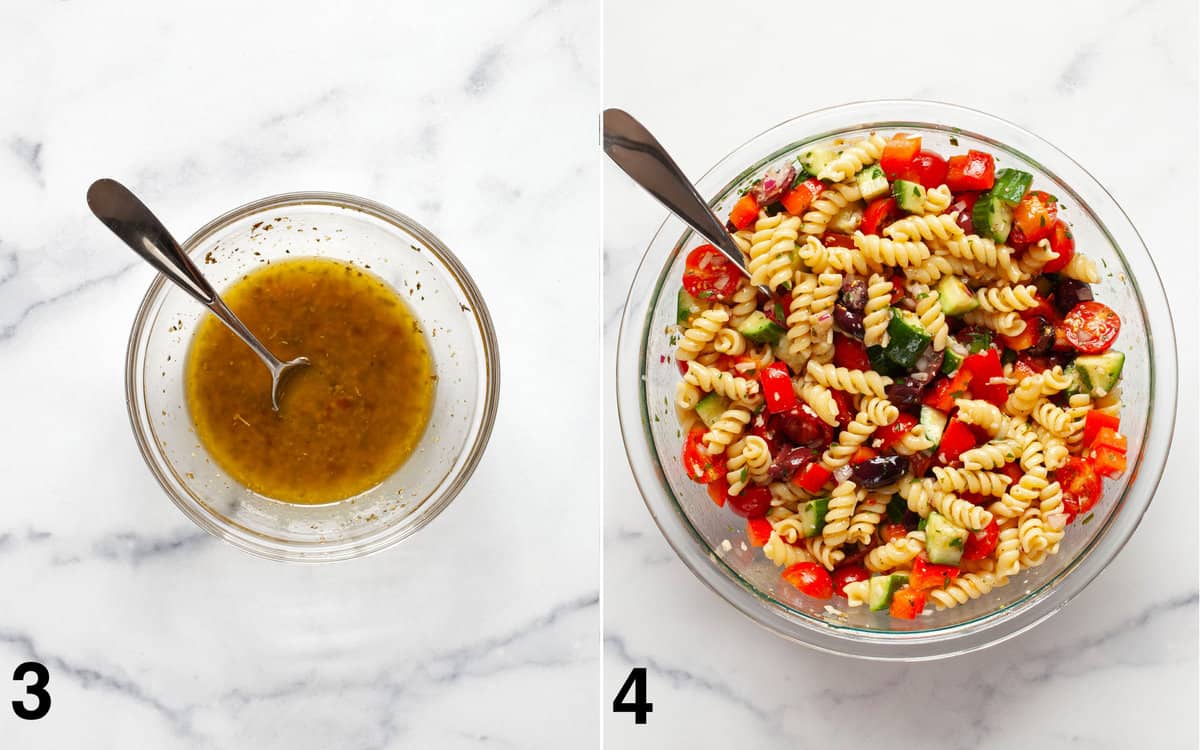 Italian salad dressing in a bowl. Pasta salad tossed with dressing in a bowl.