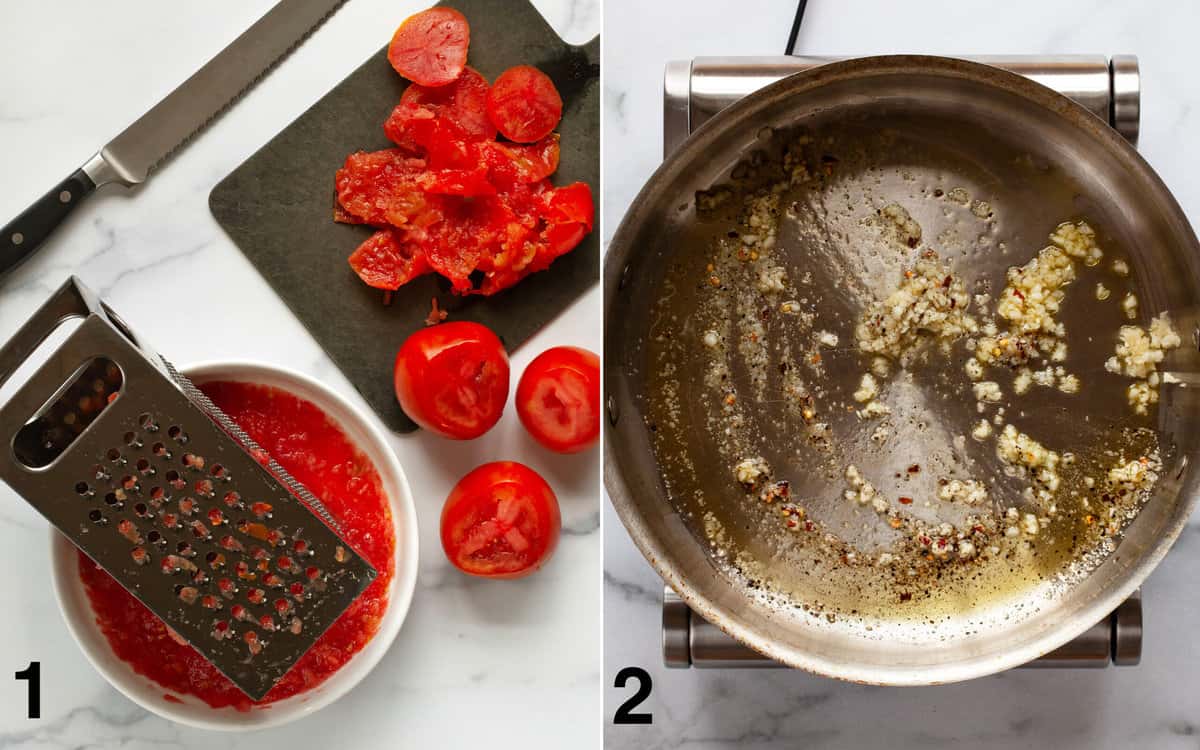 Tomatoes being pureed with a box grater. Garlic and spices sautéing in olive oil in a skillet.