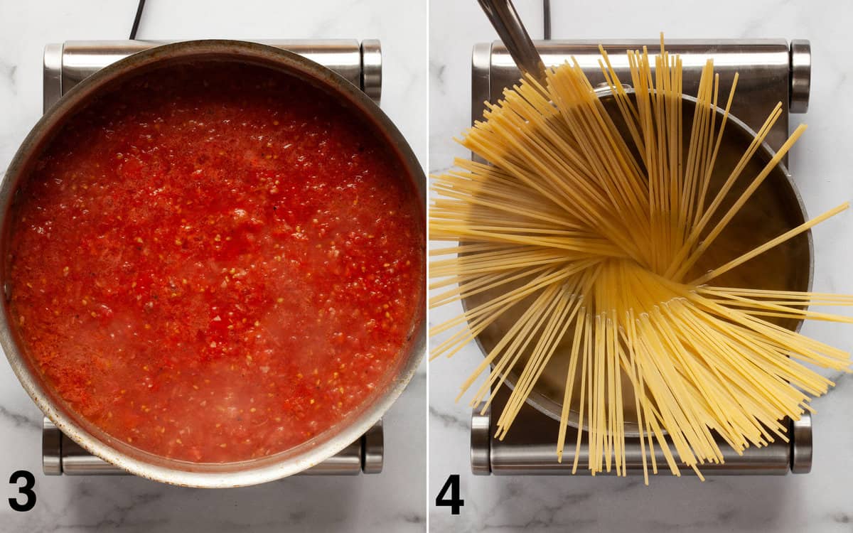 Sauce simmer in a pan. Spaghetti cooking in a pot.