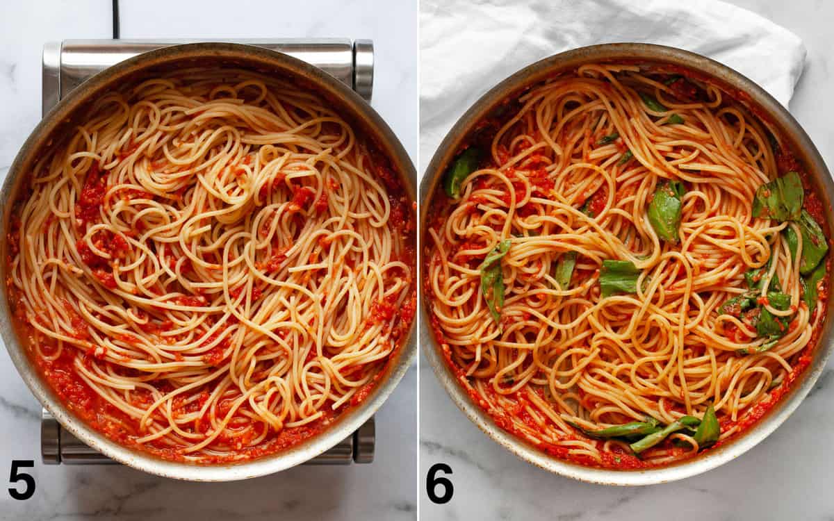 Spaghetti stirred into tomato sauce in the pan. Basil and parmesan stirred into pasta.