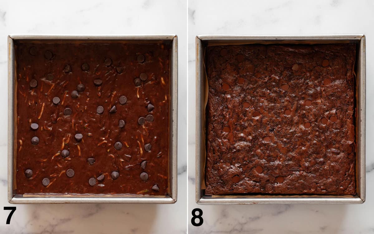 Brownies in the pan before and after they are baked.