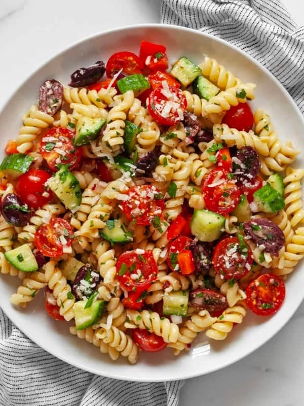 Classic pasta salad on a plate.