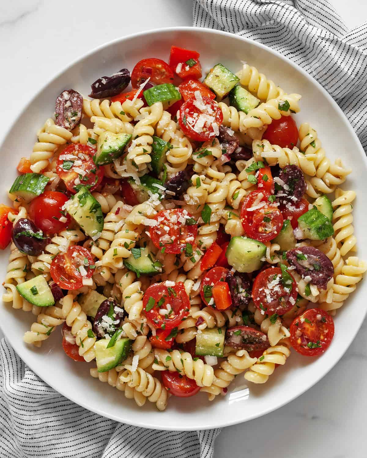 Classic pasta salad on a plate.