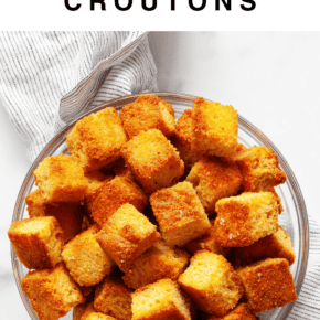Cornbread croutons in a bowl.