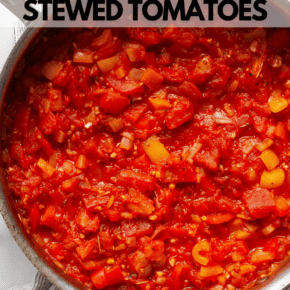 Stewed tomatoes in a skillet.