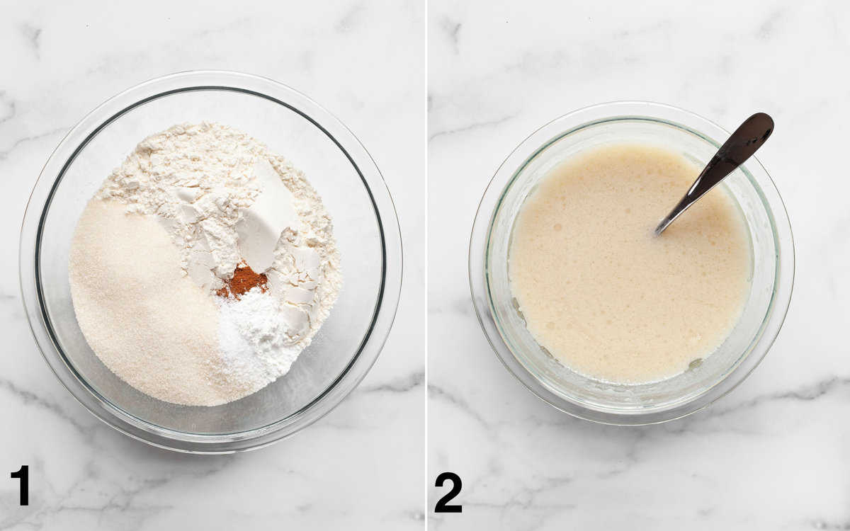 Dry ingredients in a large bowl. Wet ingredients in a medium bowl.