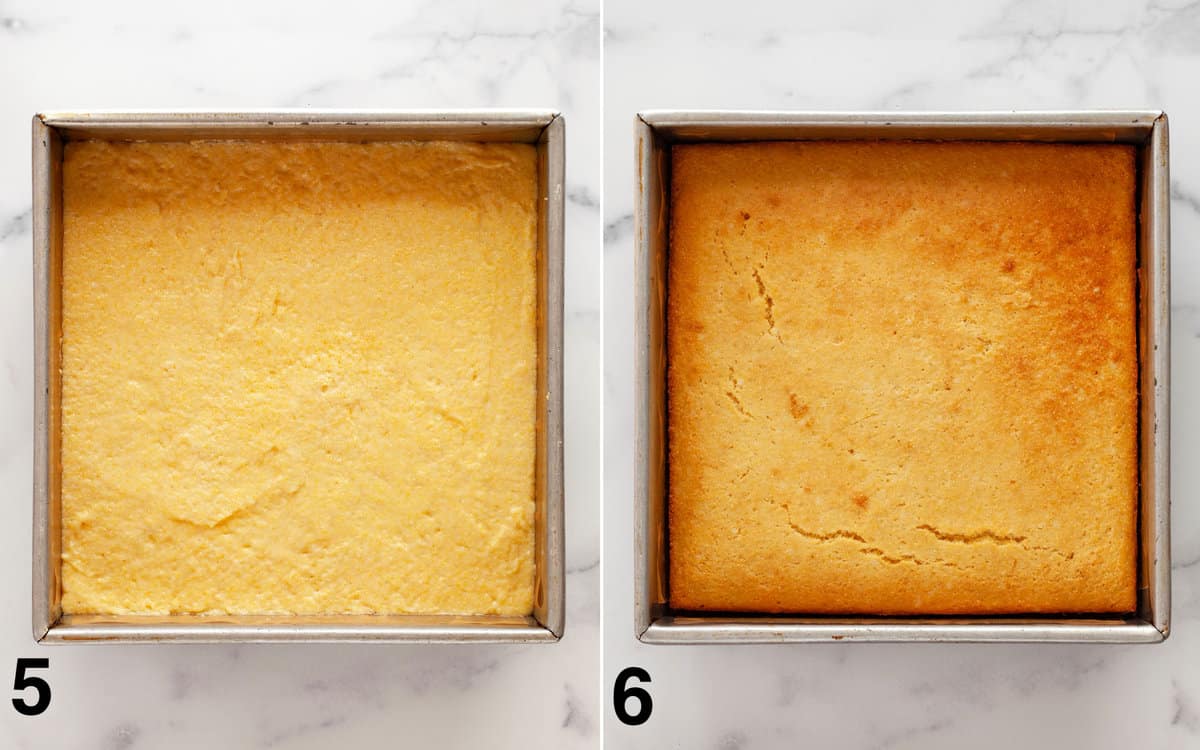 Cornbread in a pan before and after it is baked.