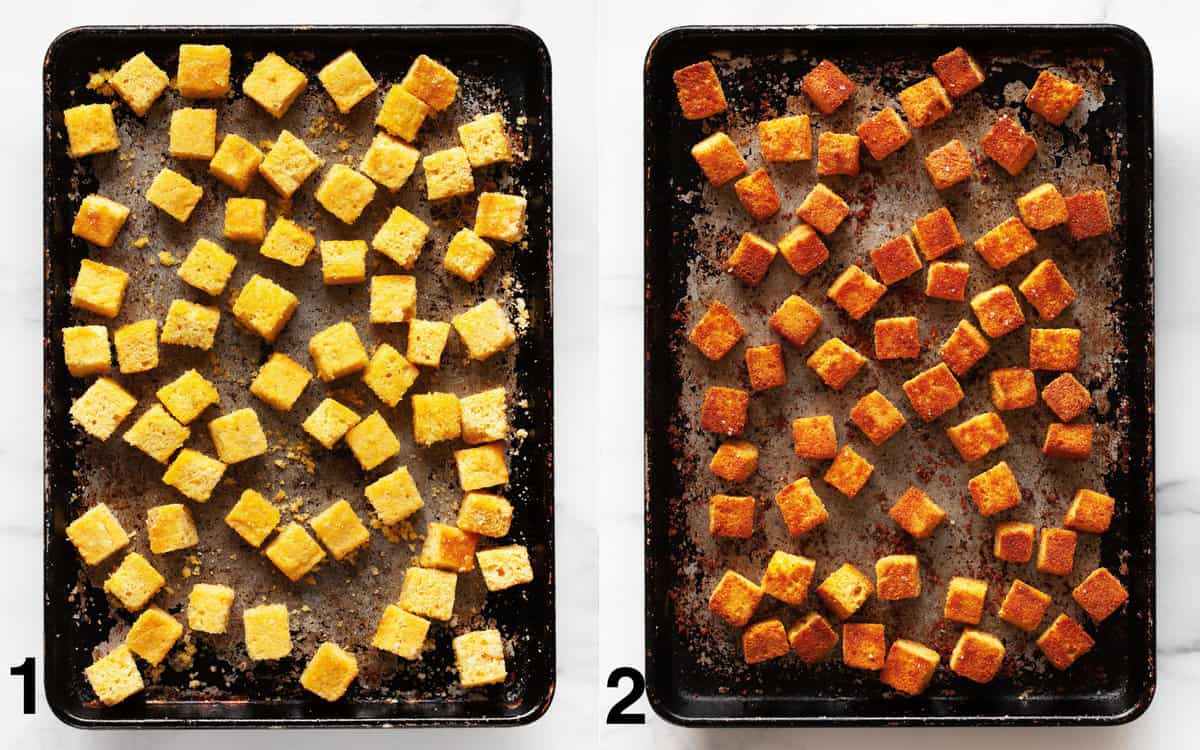 Cornbread croutons on a pan before and after they are baked.