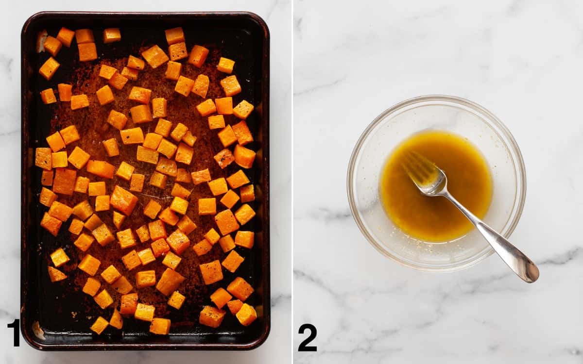 Roasted butternut squash on a sheet pan. Apple cider vinaigrette whisked together in a bowl.
