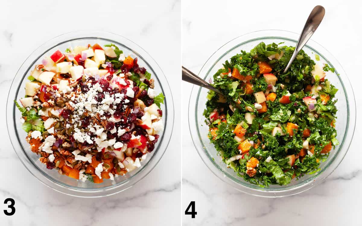 Harvest salad assembled in a large bowl. Vinaigrette drizzled into salad and mixed together.