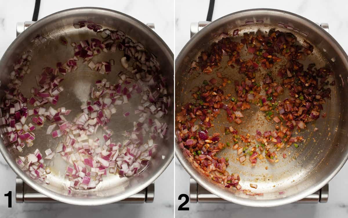 Chopped onions sautéing in a pot.