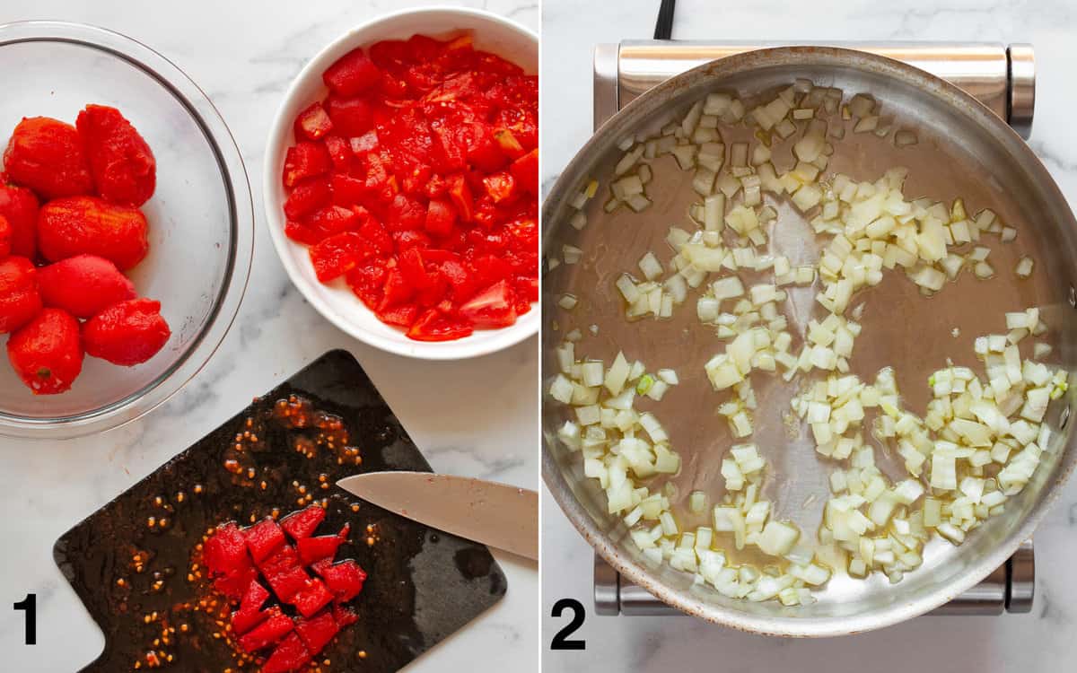 Tomatoes peeled and chopped on a cutting board. Chopped onions sautéing in a pan.