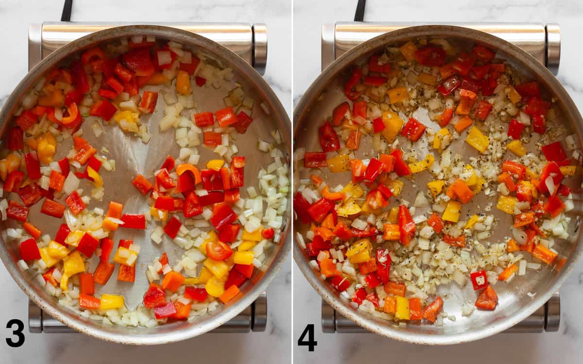 Bell peppers sautéing with onions; Garlic and spices stirred into onions and peppers.