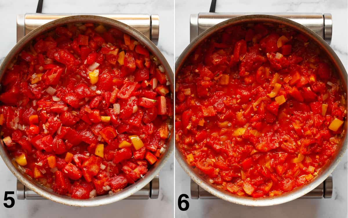 Chopped tomatoes stirred into onions and peppers. Stewed tomatoes simmering in the pan.